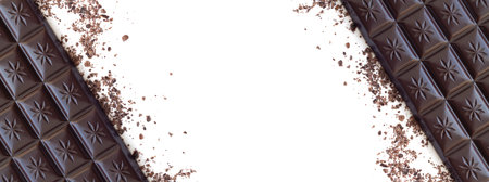 Dark chocolate bar with shavings top view isolated on white background with copy spaceの写真素材