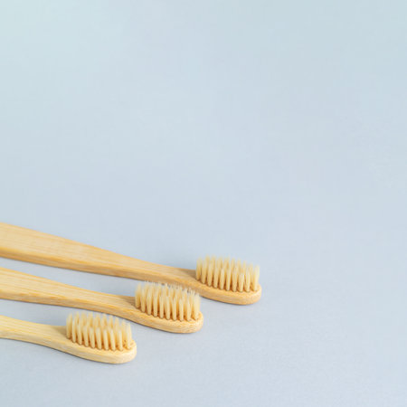 Set of eco friendly bamboo wooden toothbrushes close-upの写真素材
