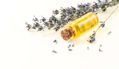 Small glass bottle of lavender essential oil or natural flower perfume with dried lavender. Aromatherapy, skincare, spa or massage conceptの写真素材
