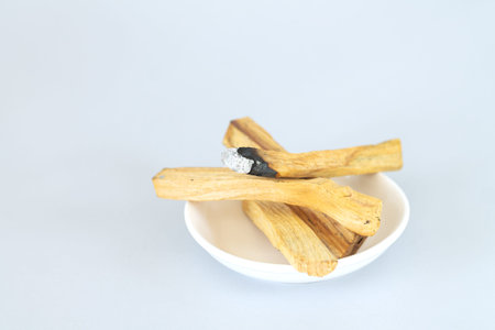 Palo santo holy wood on white ceramic plate. Meditation, healing, spiritual practices concept
