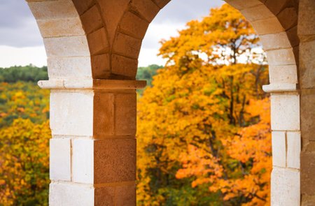 Antique arched window with beautiful view to autumnal garden landscapeの写真素材