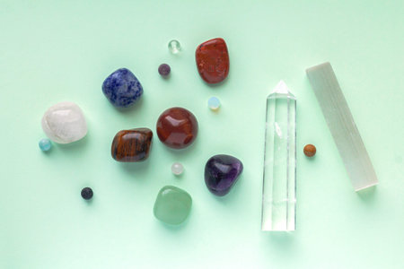 Set of crystals, gemstones and minerals for esoteric spiritual practice and healing rituals. top...