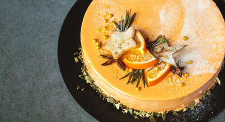 Tasty orange cake with mirror glaze on table close-up