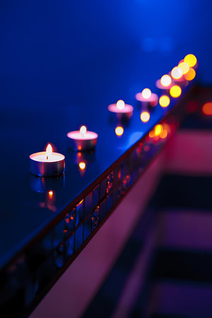 Burning tea candle on blurred group of candle lights backgroundの写真素材