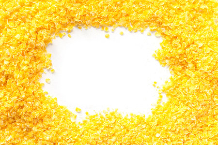 Heap of healthy corn flakes isolated on white backgroundの写真素材