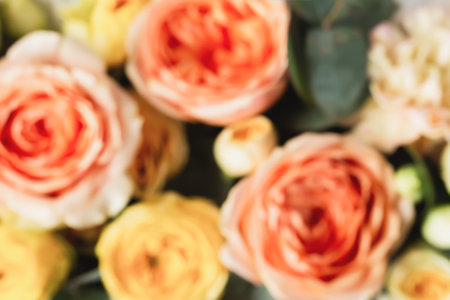 Defocused flowers bouquet background, top viewの写真素材