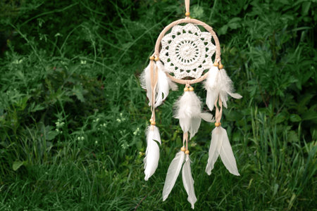 Beautiful dreamcatcher, american native shaman amulet in summer forestの写真素材