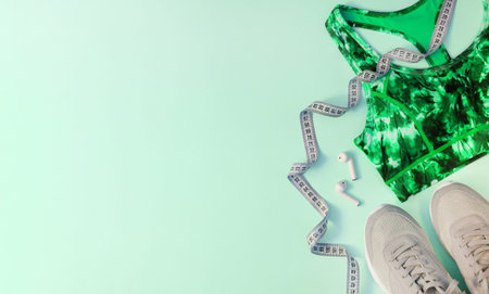 Fitness, sport or yoga concept background with sport shoes, bra, headphones and measuring tape top viewの写真素材