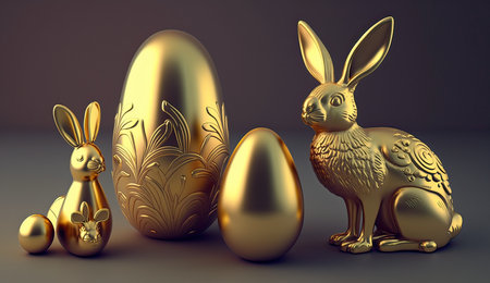 Golden Easter eggs and hare on gray background. 3d illustration. Created with Generative AI technologyの素材