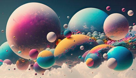 3d illustration of abstract geometric composition, planets and stars in space. Created with Generative AI technologyの素材