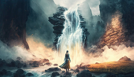 Mystical scene with a woman in a long dress standing in front of a waterfall. Created with Generative AI technologyの素材