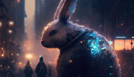 Rabbit in the city at night. 3d render illustration. Created with Generative AI Technologyの素材