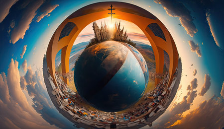 3d render of Earth planet with christian cross on sunset background.の素材