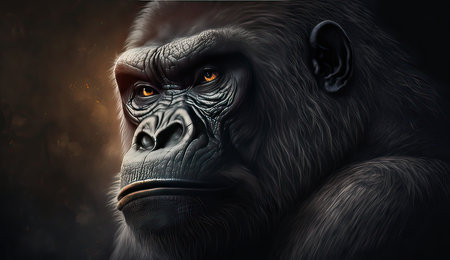 Portrait of a gorilla on a dark background. 3d rendering. Created with Generative AI technologyの素材