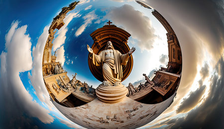 Blessed Virgin Mary statue in front of St. Peter's Basilica.Created with Generative AI technologyの素材