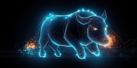 Abstract polygonal rhinoceros on black background. 3D rendering. Created with Generative AI technologyの素材