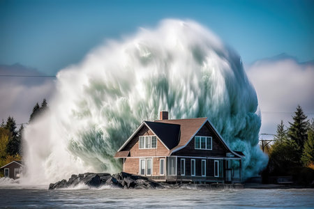 House on the rock with big waves in the background. conceptual image. Created with Generative AI technologyの素材