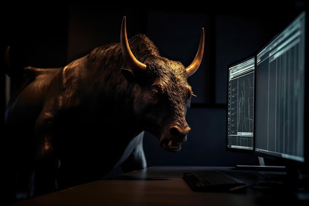 Close-up of a bull head with horns and a computer monitor in a dark room. Created with Generative AI technologyの素材