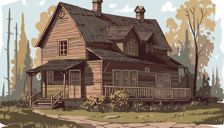 Old wooden house in the forest. Vector illustration in retro style.のイラスト素材