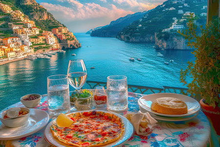 Romantic dinner on the sea coast in Sorrento, Italy. Created with Generative AI technologyの素材
