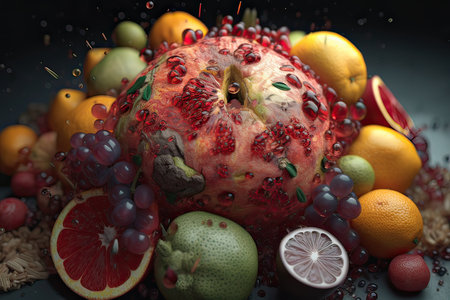 Fruit with pomegranate, lemons, grapefruits and oranges. Created with Generative AI technologyの素材