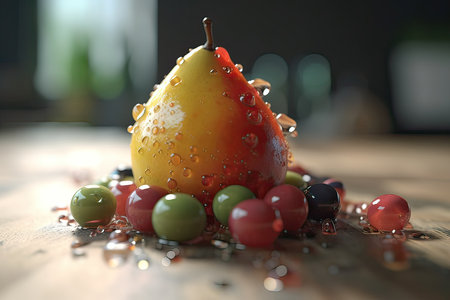 Pear with candies on a wooden table. selective focus. Created with Generative AI technologyの素材
