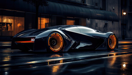 3D rendering of a brand-less generic concept car in the city. Created with Generative AI technologyの素材