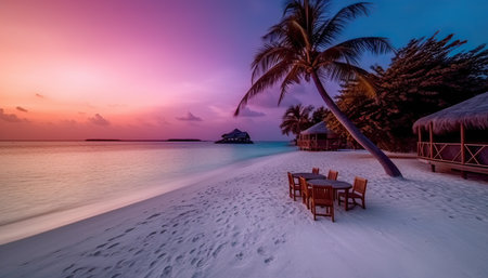 Beautiful sunset on the beach with coconut palm tree at Maldives. Created with Generative AI technologyの素材