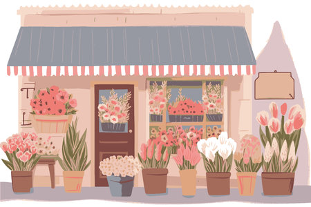 flower shop. Vector illustration of a flower shop with a lot of flowers.のイラスト素材