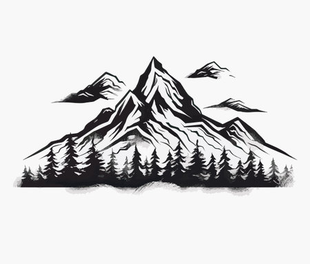 Mountains, pine trees. hand drawn sketch. vector illustration.のイラスト素材