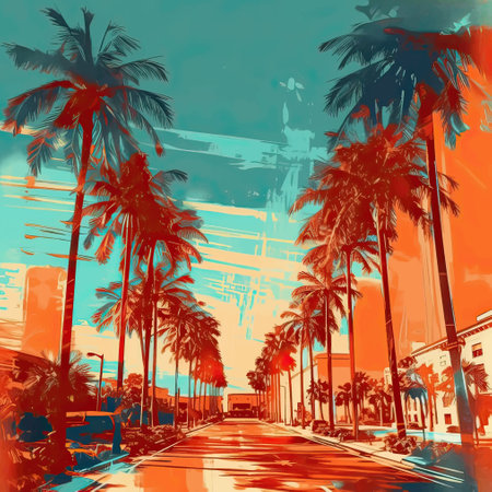 Palm trees on the background of the street. vector illustration.のイラスト素材