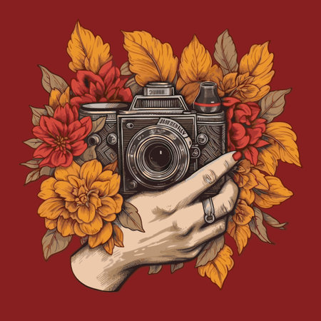Hipster hand with camera and autumn flowers. vector illustration.のイラスト素材