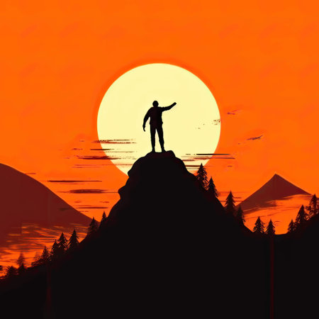 Silhouette of a man on top of a mountain at sunsetのイラスト素材