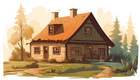 Old house in the forest. Vector illustration of a country house.のイラスト素材