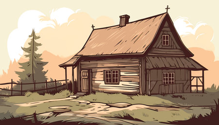 Old wooden house in the woods. Vector illustration in retro style.のイラスト素材