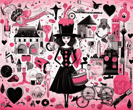 Vector illustration of a hand drawn doodle sketch of a girl on the theme of Parisのイラスト素材