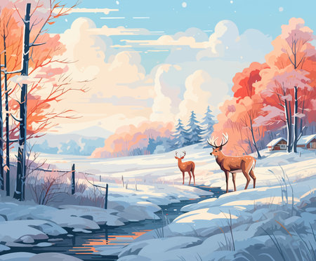 Winter landscape with two deer. Vector illustration in flat cartoon style.のイラスト素材
