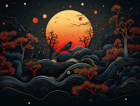 Fantasy landscape with tree, moon and raven. vector illustration.のイラスト素材