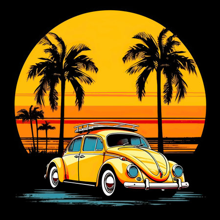 Retro car on the beach with palm trees. vector illustration.のイラスト素材