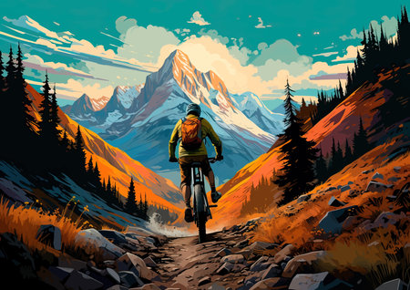 Cyclist on the trail in the mountains. vector illustration.のイラスト素材
