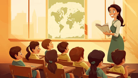 Vector illustration of teacher and pupils in classroom with map on the wallのイラスト素材