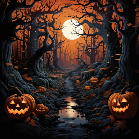 Halloween background with pumpkins in dark forest. vector illustration.のイラスト素材