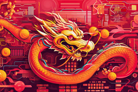 Chinese dragon on the background of the motherboard. Vector illustration for your designのイラスト素材