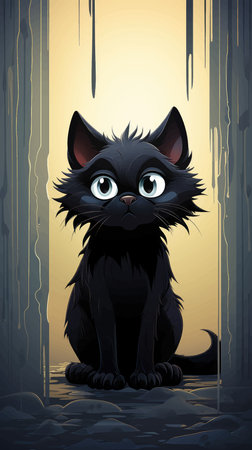Cute black cat sitting in a dark forest. Vector illustration. Vector illustration of a sad black catのイラスト素材