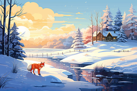 Winter landscape with a fox on the bank of the river. Vector illustration. Winter landscape vector illustration. fox in winterのイラスト素材