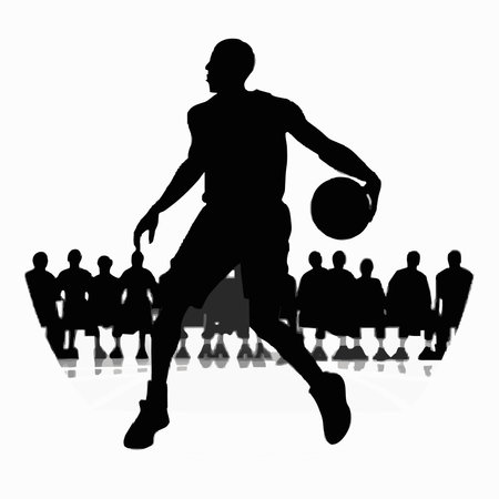 basketball player with ball on the background of silhouettes of fans. Black basketball player on a white background. Vector illustrationのイラスト素材