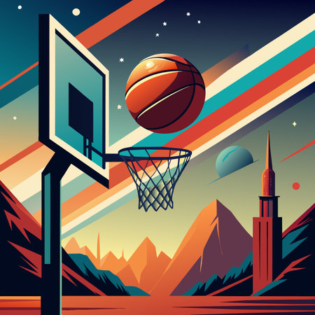 Basketball hoop and ball on the background of the city. Vector illustration. Vector illustration of basketball on an unknown planetのイラスト素材