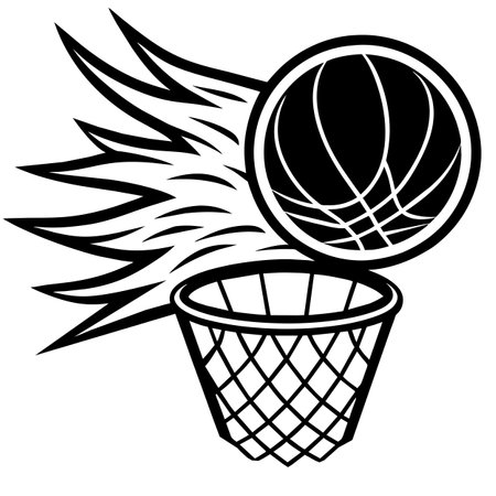 Basketball ball and basket on fire, black and white vector illustrationのイラスト素材
