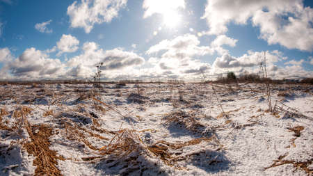 Snowy field on a sunny spring dayの写真素材