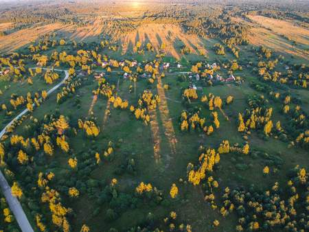 The road among the forest to the village at sunset from a heightの写真素材